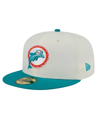 New Era Men's White/Aqua Miami Dolphins Throwback Main 59FIFTY Fitted Hat