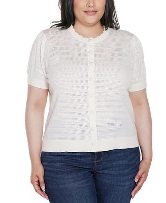 Belldini Plus Pointelle Scalloped-Placket Cardigan Sweater