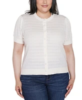 Belldini Plus Pointelle Scalloped-Placket Cardigan Sweater
