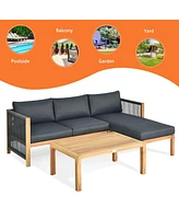 Gymax 3PCS Patio Acacia Wood Sofa Furniture Set Thick Cushion W/ Nylon Rope Armrest