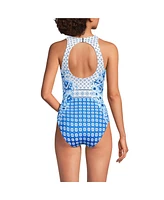 Lands' End Women's Long Tugless High Neck Portrait Back One Piece Swimsuit