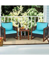 Gymax 3PCS Rattan Wicker Patio Conversation Set Outdoor Furniture Set w/ Turquoise Cushion