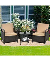 Gymax 3PCS Outdoor Wicker Bistro Set Patio Conversation Furniture Set w/ Cushions