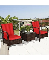 Gymax 3PCS Patio Outdoor Rattan Conversation Set Furniture Set w/ Table Cushions