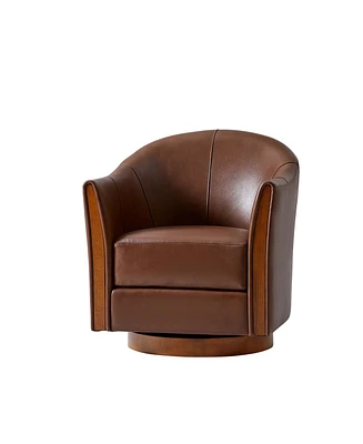 Raul Transitional Genuine Leather 360-degree Swivel Barrel Chair with Solid Wood Base and Armrest