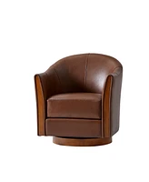 Raul Transitional Genuine Leather 360-degree Swivel Barrel Chair with Solid Wood Base and Armrest