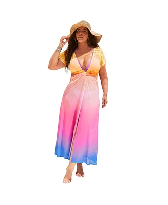 Swimsuits for All Plus Twist Front Mesh Cut-Out Cover Up Dress
