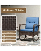 Gymax 3 Piece Outdoor Rocking Set Rattan Rocker Chairs w/ Tempered Glass Coffee Table