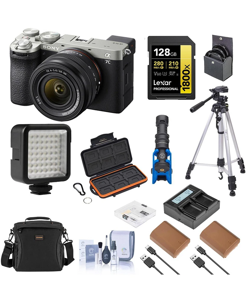 Sony Alpha a7C Ii Mirrorless Camera with Fe 28-60mm f/4-5.6 Lens, Silver, Bundle with 2x Np-FZ100 Battery, 128GB Memory Card and Shotgun Microphone