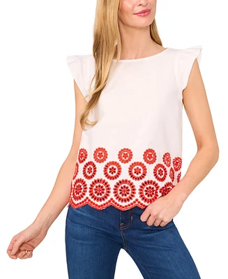 CeCe Women's Contrast Embroidered Cotton Cap-Sleeve Blouse