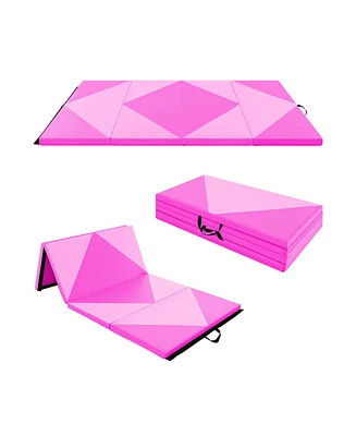 8 Feet Pu Leather Folding Gymnastics Mat with Hook and Loop Fasteners-Pink
