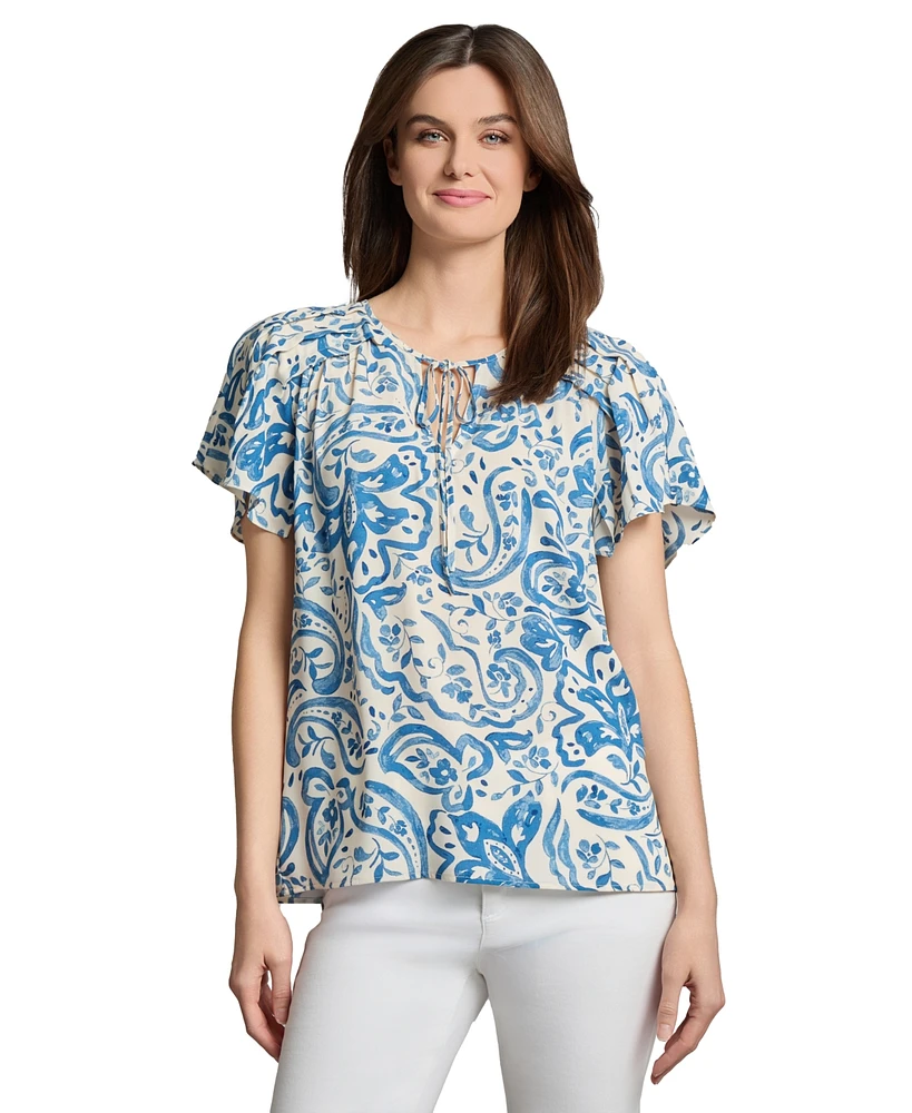 Jones New York Petite Paisley-Print Flutter-Sleeve Top