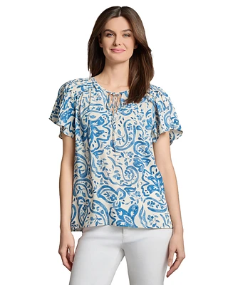 Jones New York Petite Paisley-Print Flutter-Sleeve Top