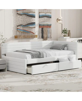 Twin Size Upholstered Daybed with 2 Drawers, White