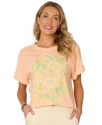 Democracy Petite Embroidered Roll-Cuff Scoop-Neck Top