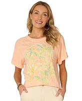 Democracy Petite Embroidered Roll-Cuff Scoop-Neck Top