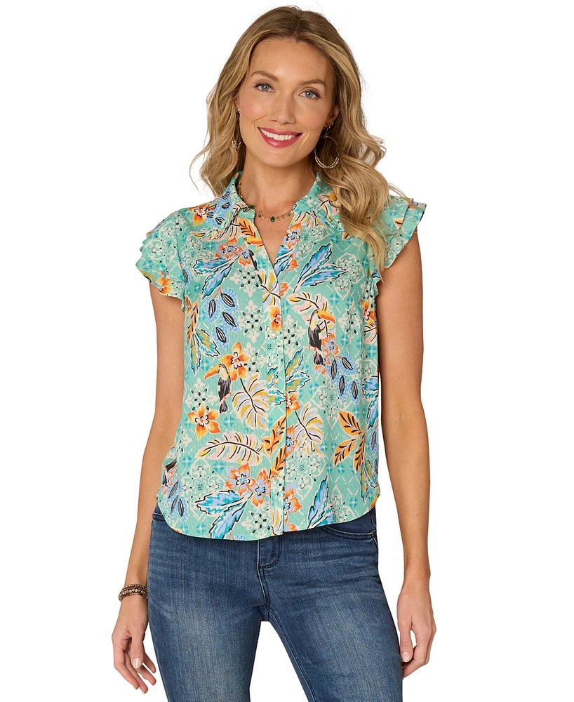 Democracy Petite Floral-Print Double-Flutter Blouse