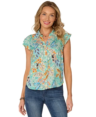 Democracy Petite Floral-Print Double-Flutter Blouse