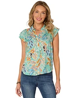 Democracy Petite Floral-Print Double-Flutter Blouse