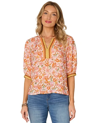 Democracy Petite Printed Notch-Neck Elbow-Sleeve Top