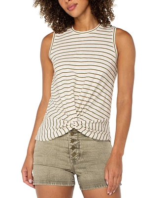 Liverpool Los Angeles Women's Striped Cotton Crewneck Twist-Front Sleeveless Top