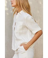 Crescent Women's Joyce Short Sleeve Button Up Linen Top