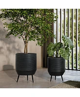 LuxenHome Set of 2 Black Round Metal Cachepot Planters with Tripod Legs