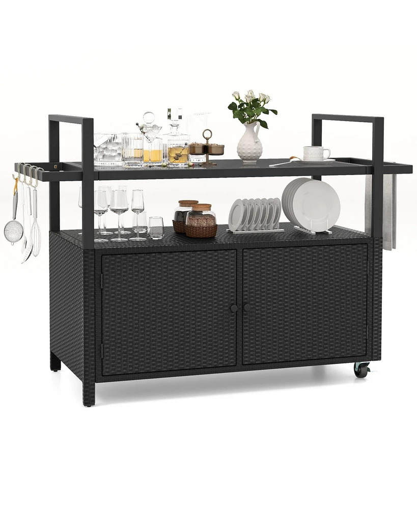 Outdoor Bar Cart Wicker Buffet Serving Cart with Cabinet and 8 Hooks