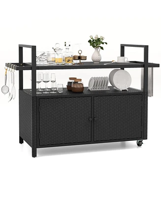 Outdoor Bar Cart Wicker Buffet Serving Cart with Cabinet and 8 Hooks