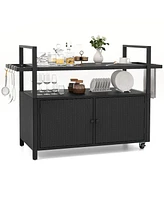 Outdoor Bar Cart Wicker Buffet Serving Cart with Cabinet and 8 Hooks