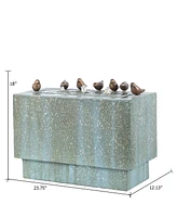 LuxenHome Patina Gray/Green Resin Rectangular Bubbler Outdoor Fountain with Led Lights and Bronze Birds