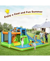 7-in-1 Inflatable Giant Water Park Bouncer with Dual Climbing Walls and 735W Blower