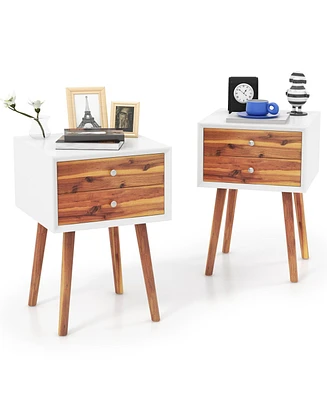 Gymax 2PCS Wooden Nightstand Mid-Century End Side Table W/2 Storage Drawers