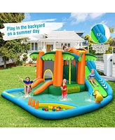 7-in-1 Inflatable Water Slide Park with Trampoline Climbing and 680W Blower