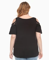 White Mark Plus Cold Shoulder Lace Trim Knit Top