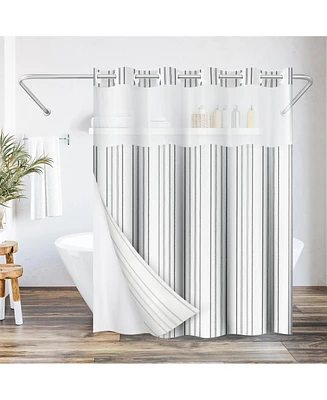 Americanflat 72x75 Hookless Shower Curtain - Abstract Grey Lines Shower Curtain with Sheer Panel, Snap-In Liner, and Grommets - 100% Polyester