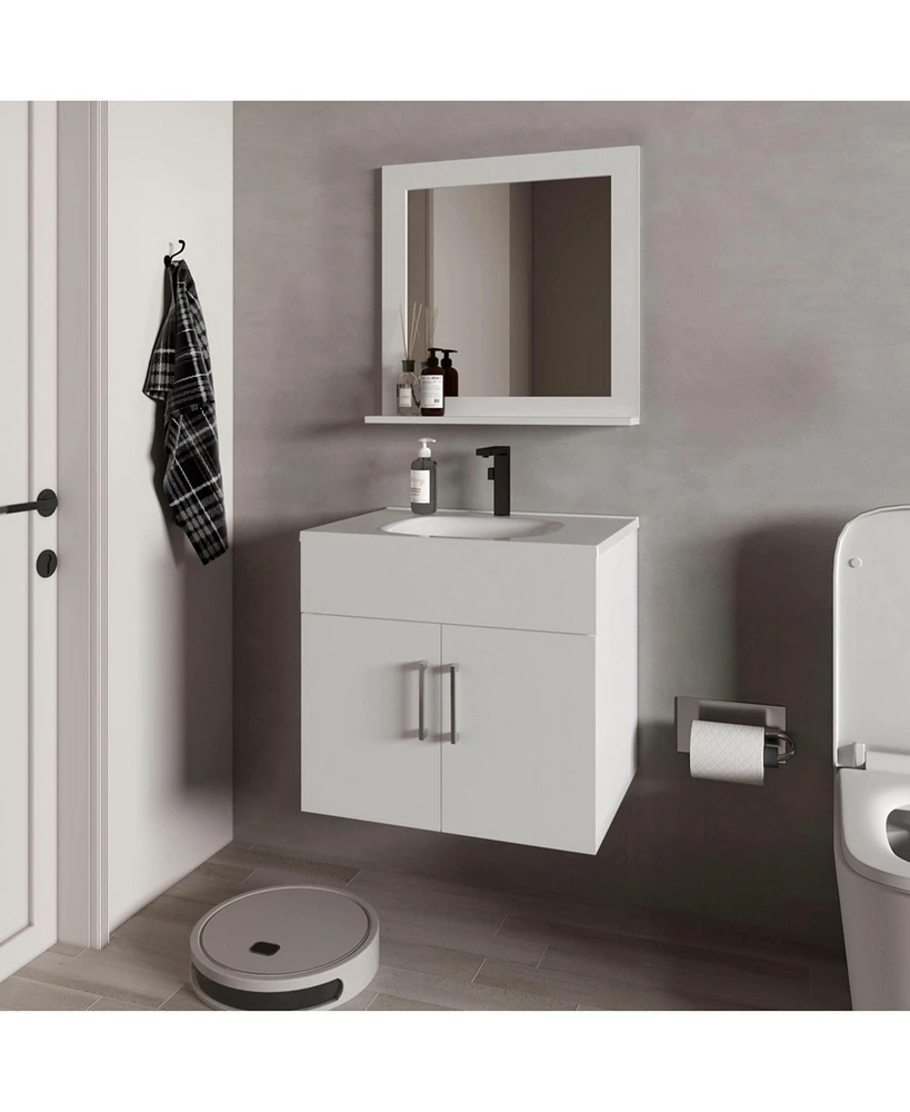 Slater Floating Bathroom Vanity Set with Sink, Two-Door Cabinet, and Mirror,White