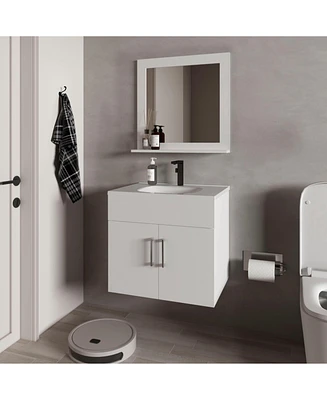 Slater Floating Bathroom Vanity Set with Sink, Two-Door Cabinet, and Mirror,White