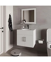Slater Floating Bathroom Vanity Set with Sink, Two-Door Cabinet, and Mirror,White