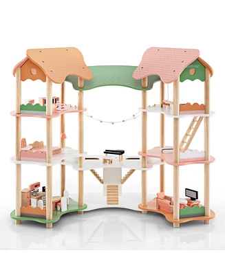 3-Tier Wooden Dollhouse for Kids Aged 3-8 Years Old with 32 Pieces of Accessories