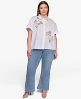 Karl Lagerfeld Paris Plus Cotton Floral-Detail Roll-Tab Shirt