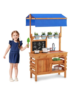 Wooden Pretend Play Kitchen with Height Adjustable Canopy for Kids