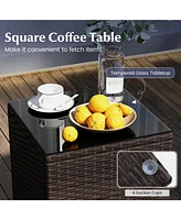 3 Pieces Outdoor Conversation Set with Cushioned Seat and Glass Tabletop