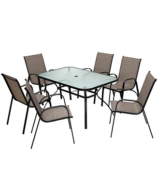 Gymax 7PCS Patio Dining Furniture Set w/ 6 Stackable Armchairs & Umbrella Hole
