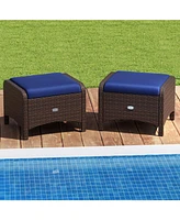 2 Pieces Outdoor Patio Pe Wicker Ottomans with Removable Cushions-Navy