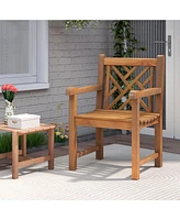 Teak Wood Patio Dining Chair with Slatted Seat Cross-Rhombus Backrest and Solid Legs