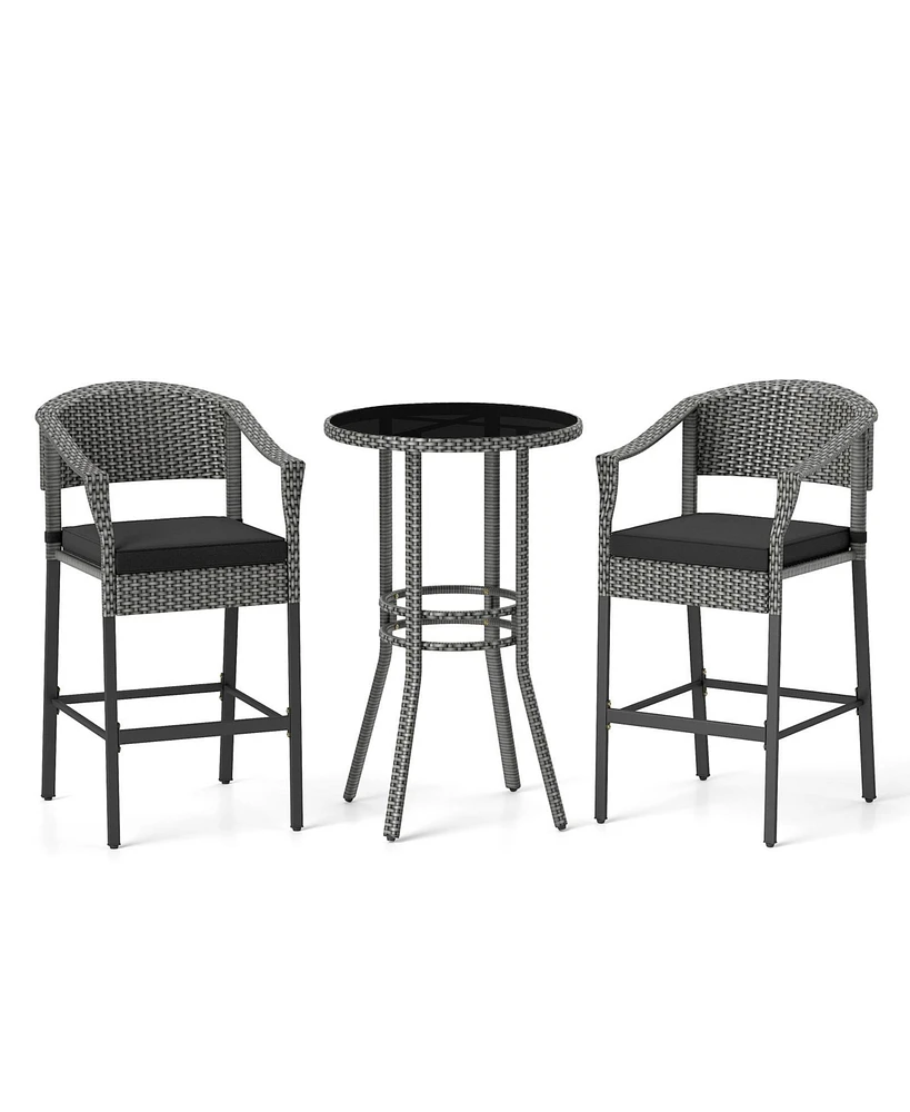 3-Piece Patio Rattan Bar Set with Tempered Glass Top for Backyard Poolside-Gray