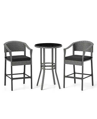 3-Piece Patio Rattan Bar Set with Tempered Glass Top for Backyard Poolside-Gray