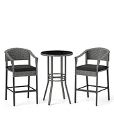3-Piece Patio Rattan Bar Set with Tempered Glass Top for Backyard Poolside-Gray