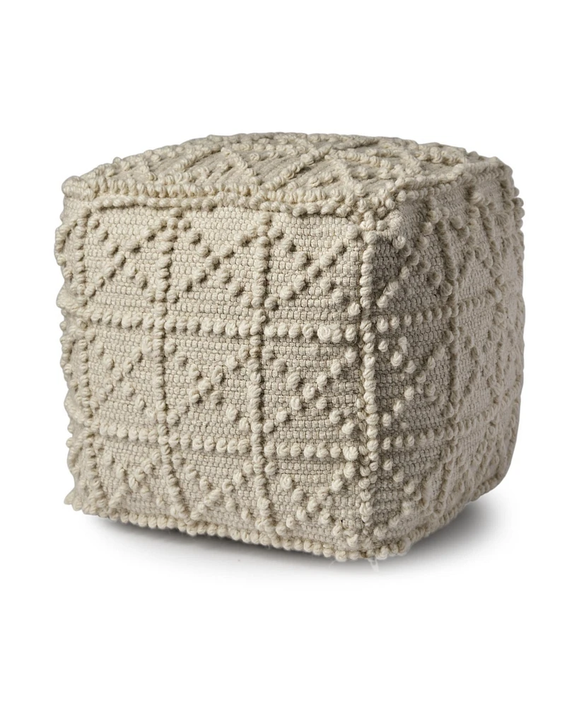 Ivory Wool Sqaure Pouf With Popcorn Detail